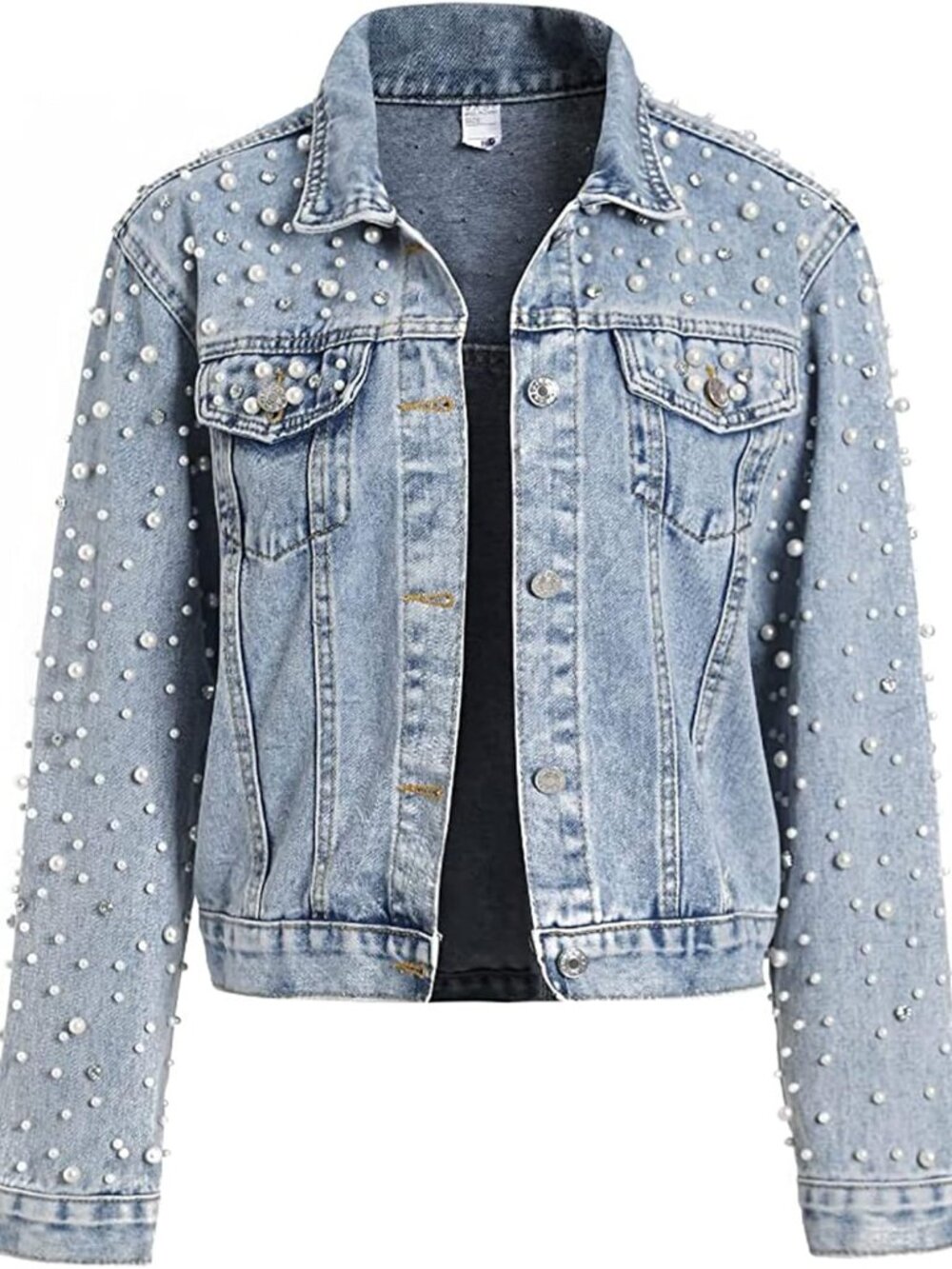 Women's Pearls Denim Jacket Cropped Rhinestones Jean Jacket Coat